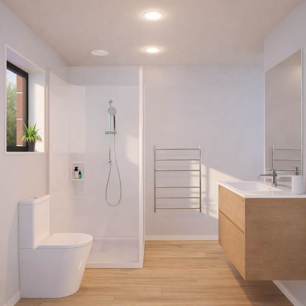 Bathroom — walk-in shower, timber vanity
